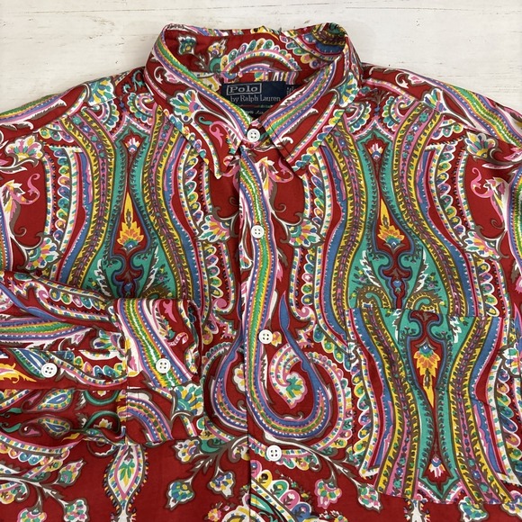 Polo Ralph Lauren Silk Shirt Paisley Vintage Mens XL
